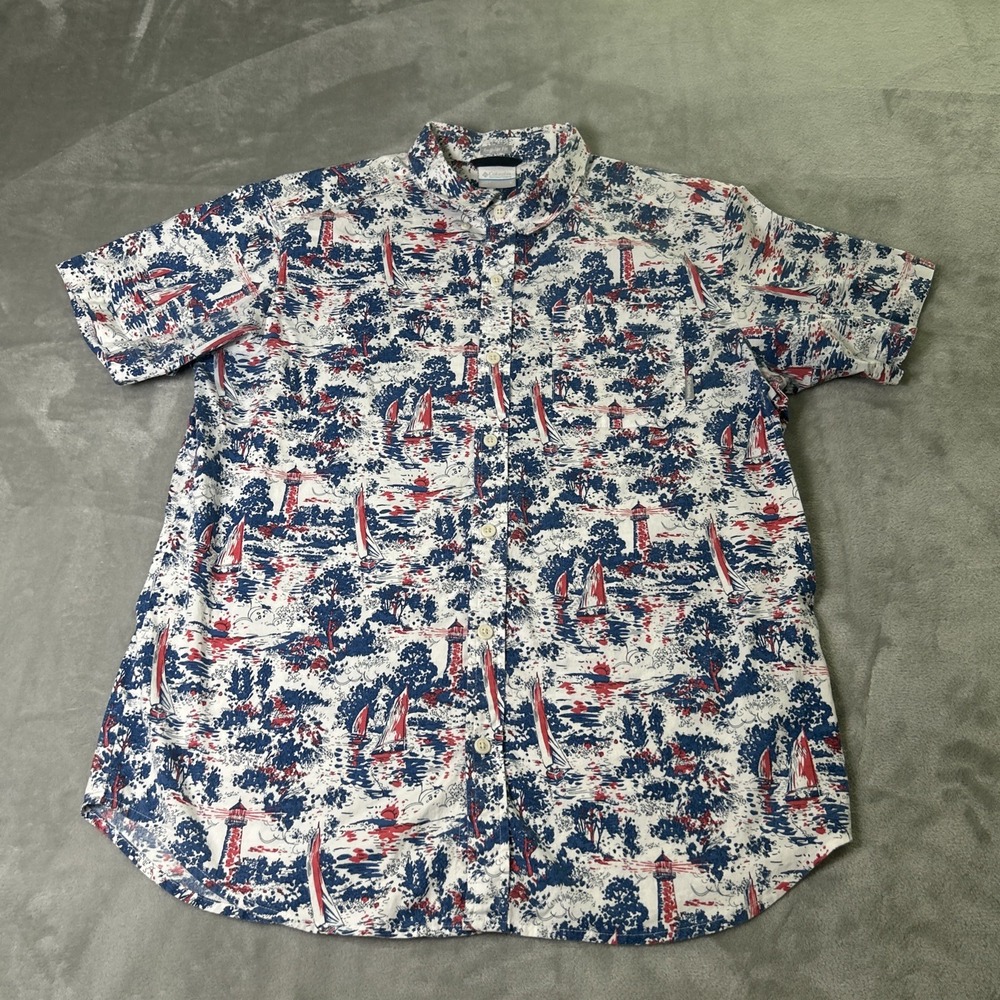Columbia Shirt Mens Large White Blue Boat Print Short Sleeve Button Up